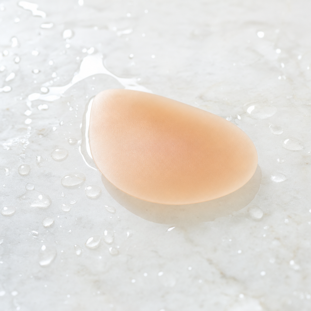 Droppformad lift up nipple cover i matt silikon på fuktig sten