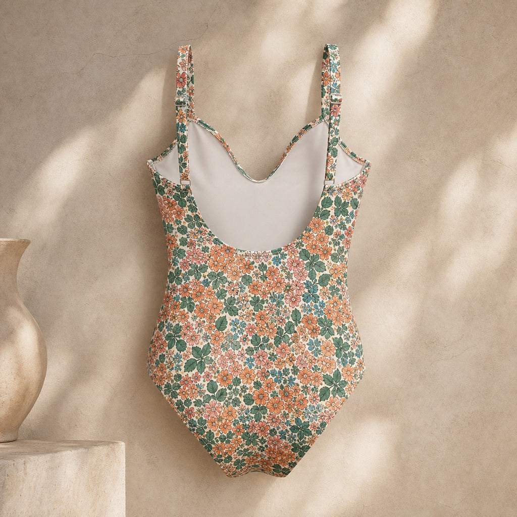Soravea Marguerite floral one-piece swimsuit open back view