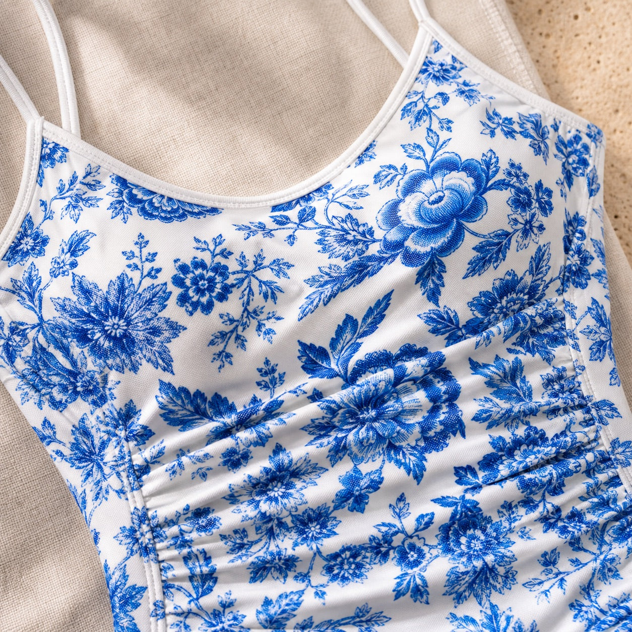 Soravea Porcelain blue floral swimsuit fabric print close-up
