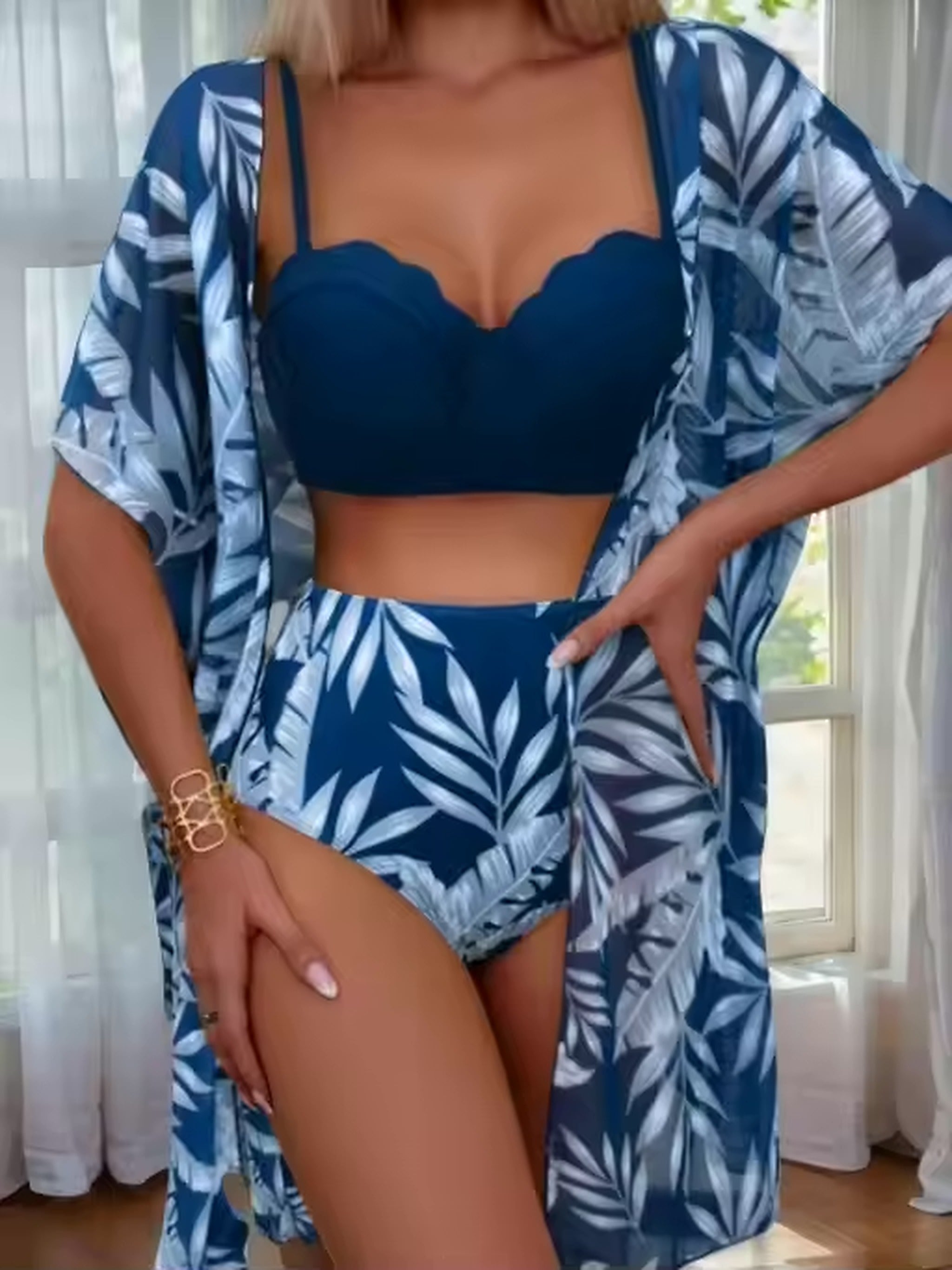 Navy bikini with sweetheart neckline and matching palm-print cover-up shirt