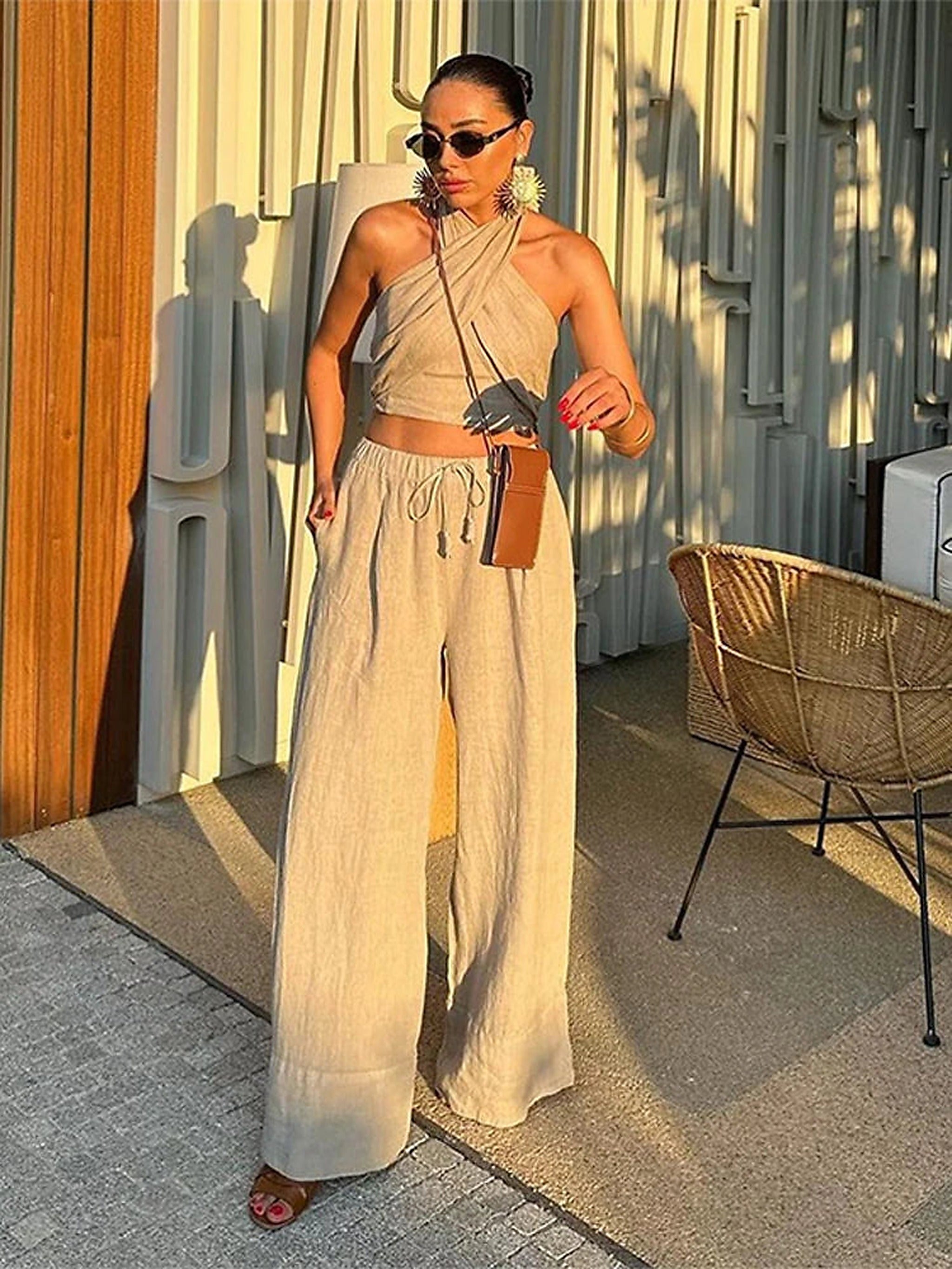SORAVEA Edda linne co-ord set sand haltertopp vida byxor