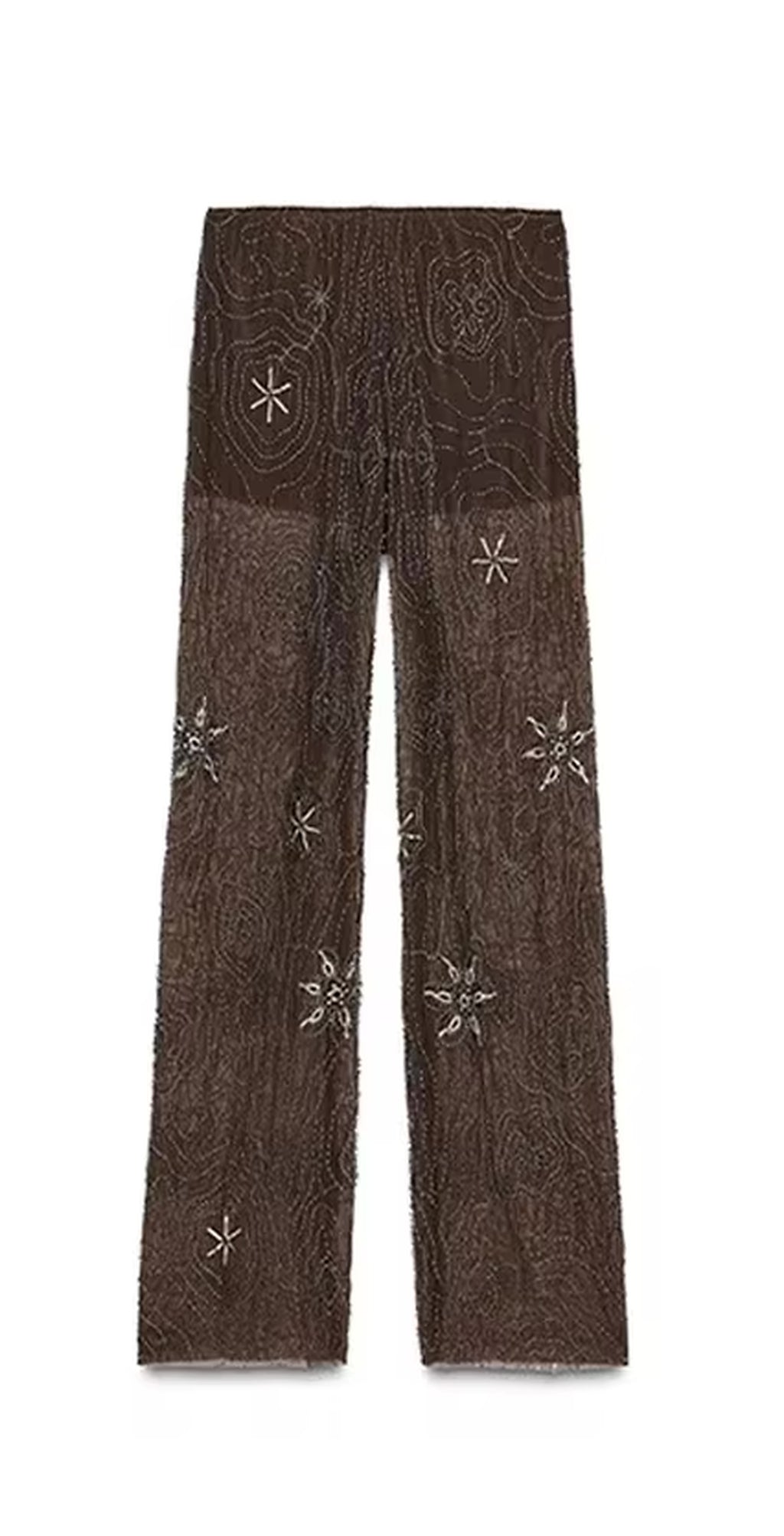 Brown wide-leg pants with celestial star and circular embroidery details throughout, featuring a textured woven fabric.