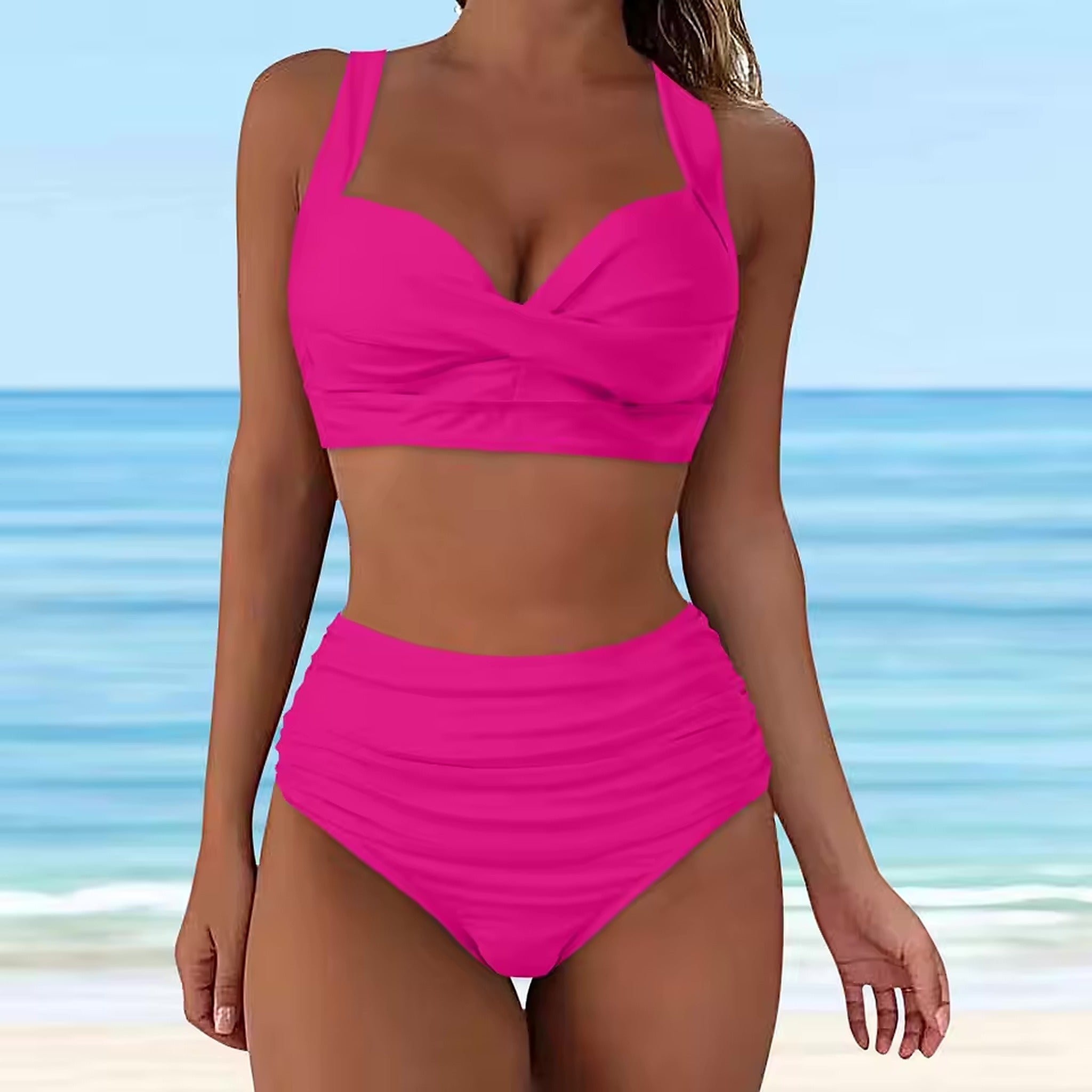 Bright pink ruched high-waist bikini with sweetheart neckline, featuring adjustable straps and matching swim top against
