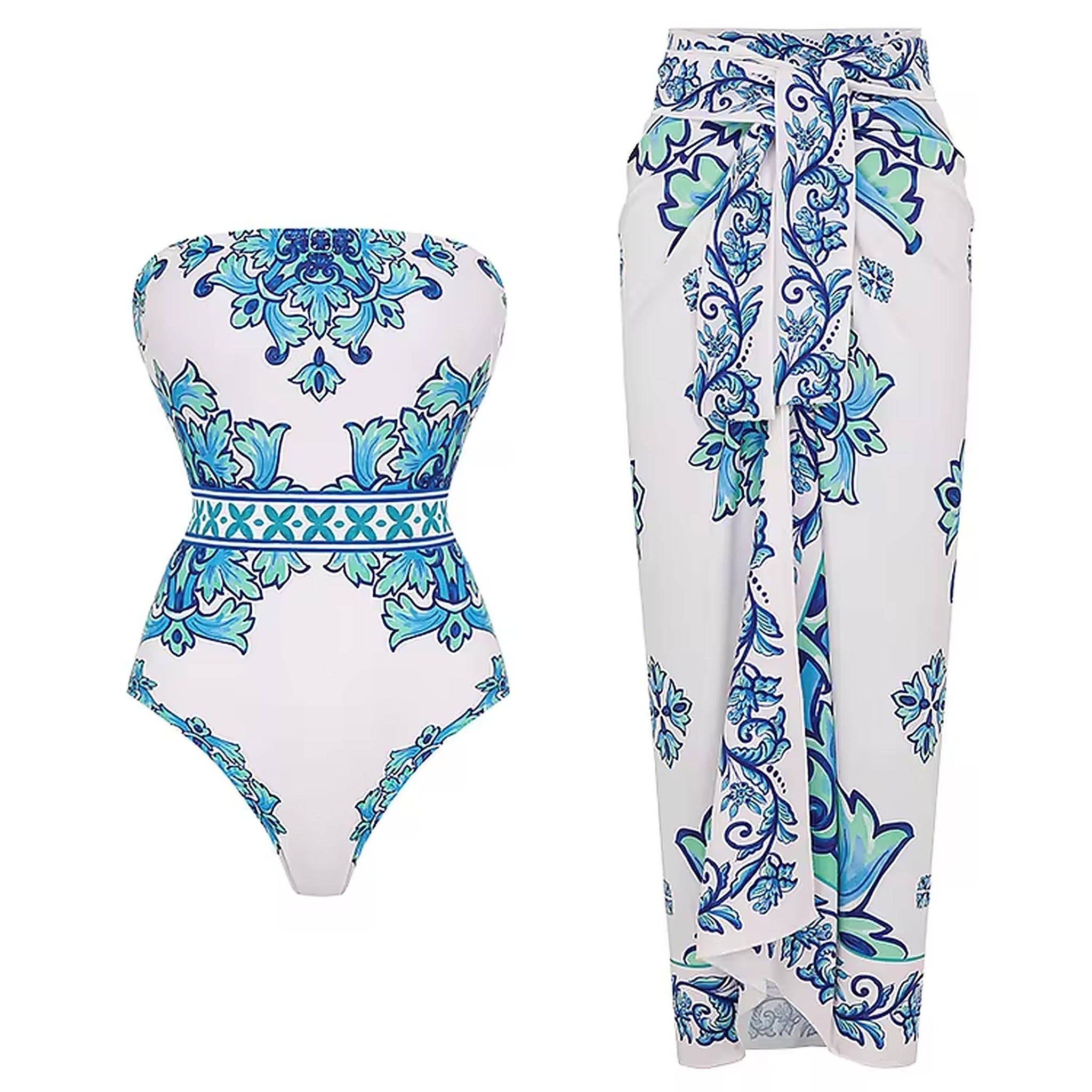 Blue and turquoise ornate patterned swimsuit with matching cover-up sarong in white.