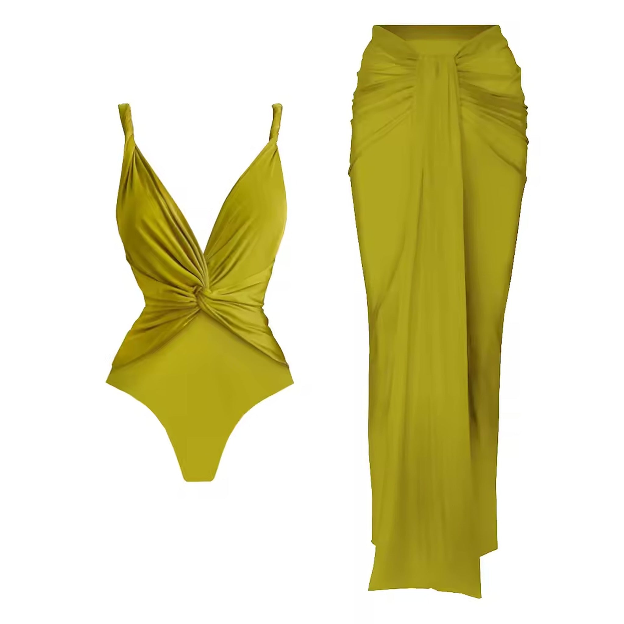 Lime green bikini with twisted front one-piece top and matching ruched sarong cover-up