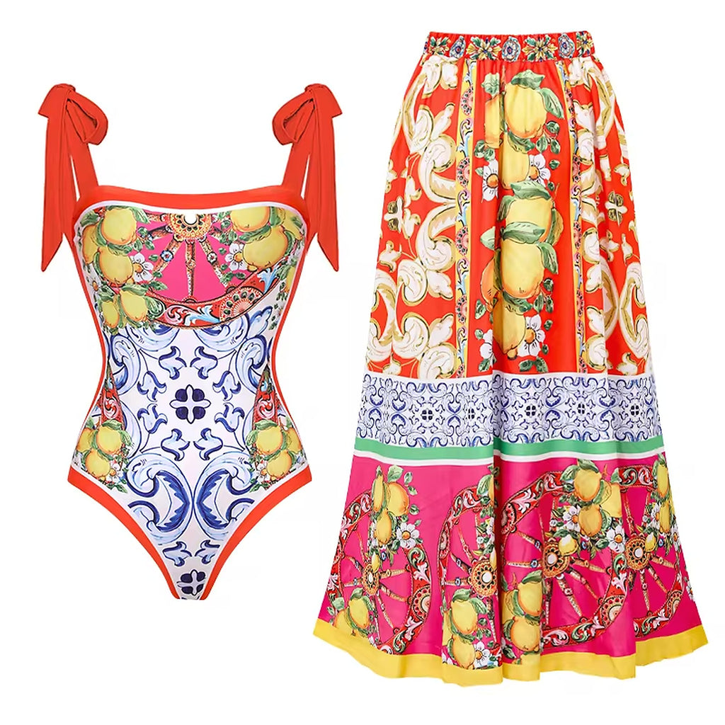 Red lemon print bikini with tie-shoulder top and matching Capri Crush swim skirt featuring baroque and floral patterns
