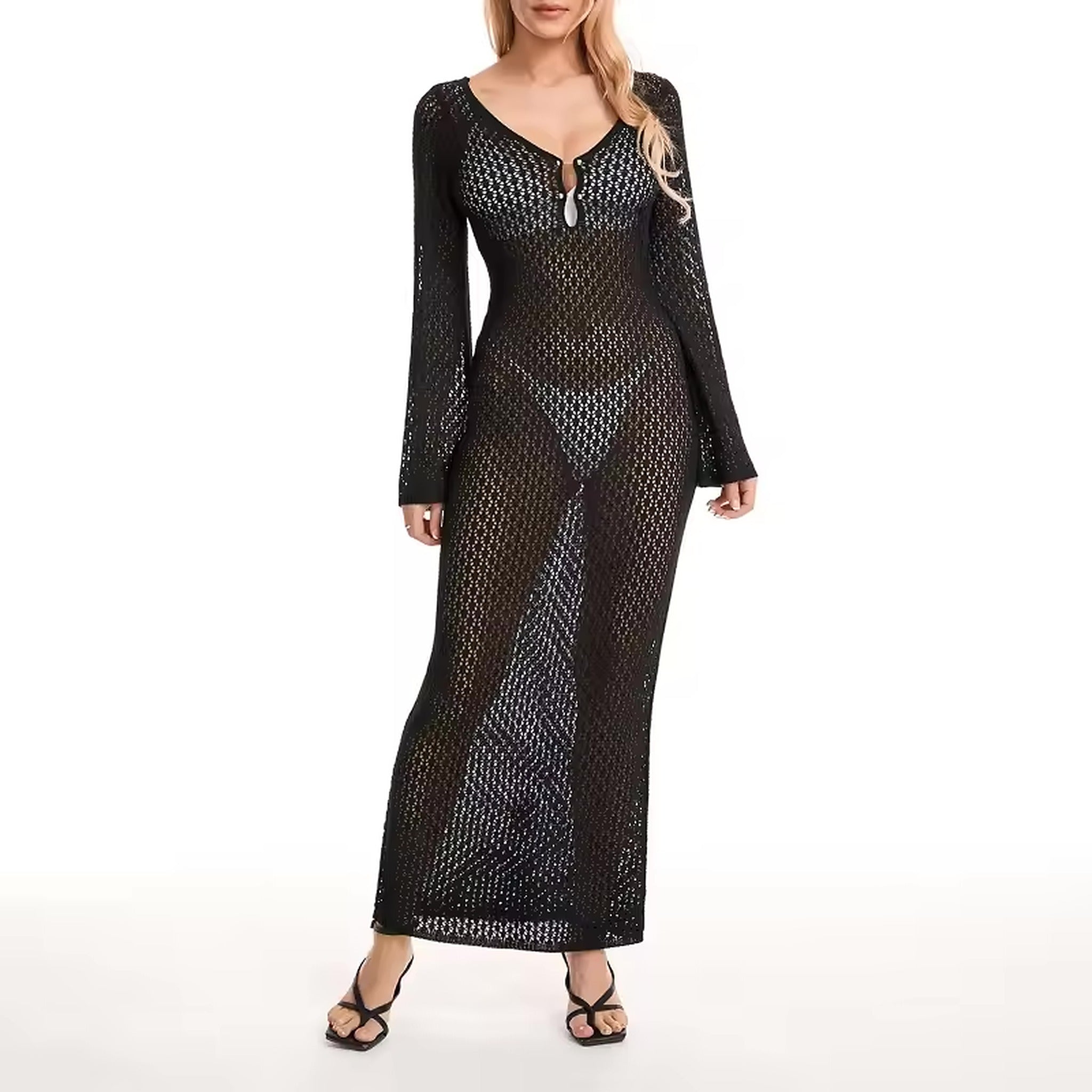 Black knit cover-up dress with long sleeves and keyhole neckline detail