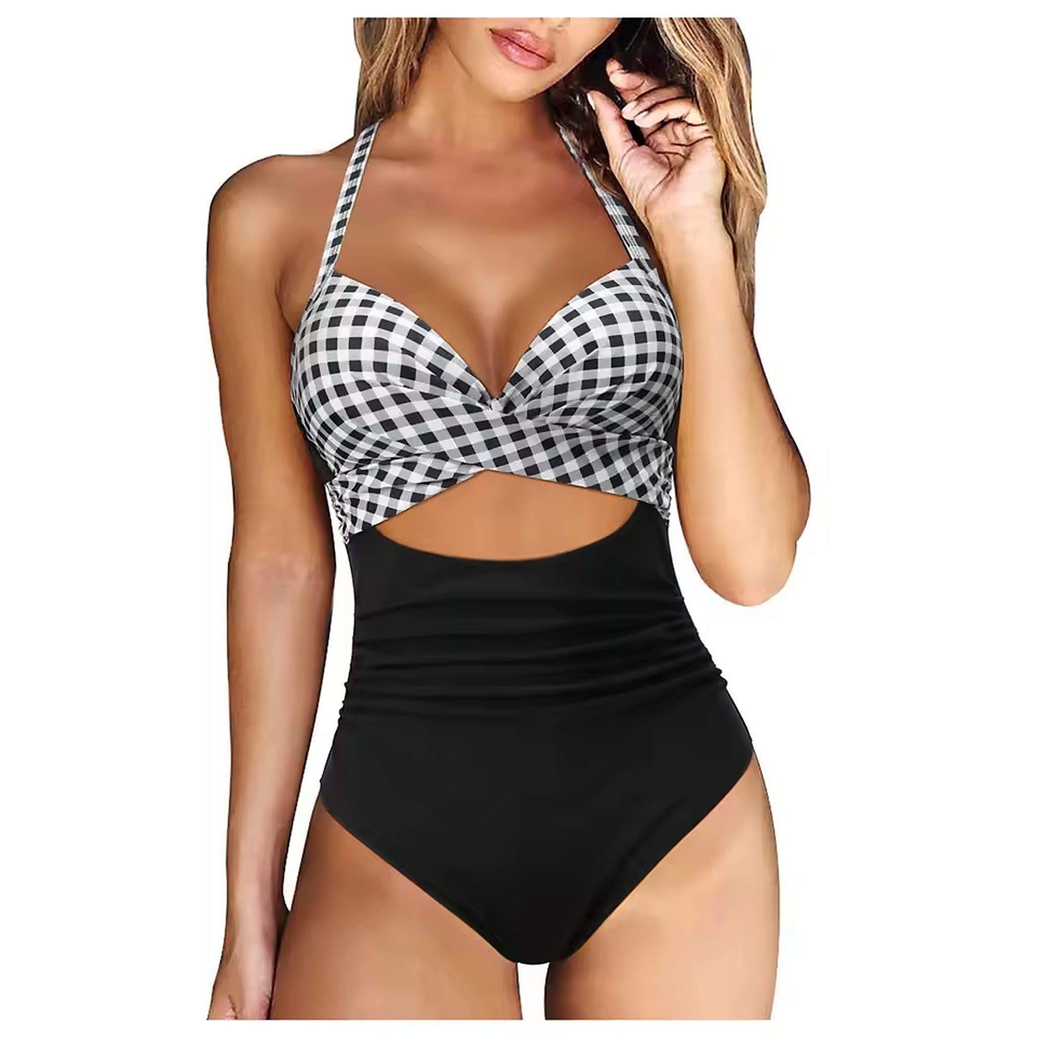 Black and white gingham wrap bikini top with black high-waisted bottom and cutout detail