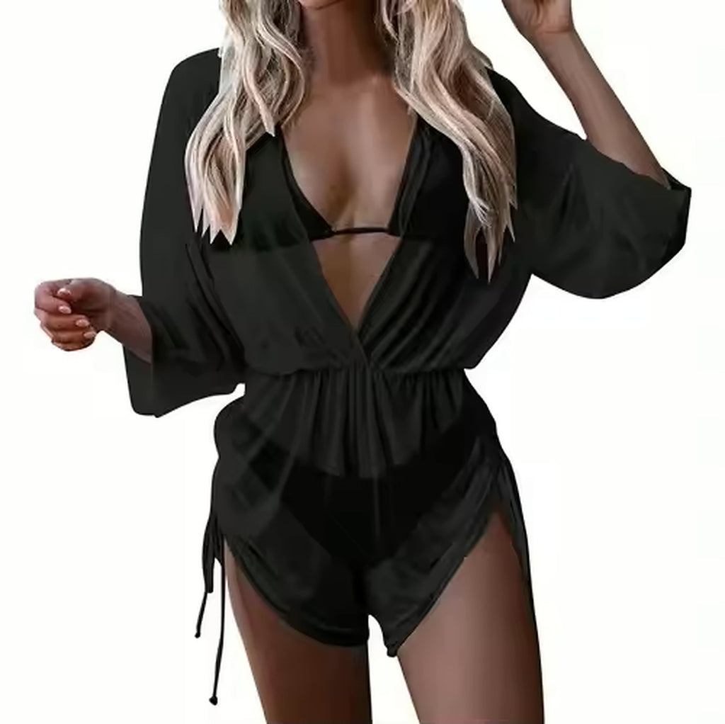 Black wrap bikini set with side-tie shorts and matching cover-up shirt