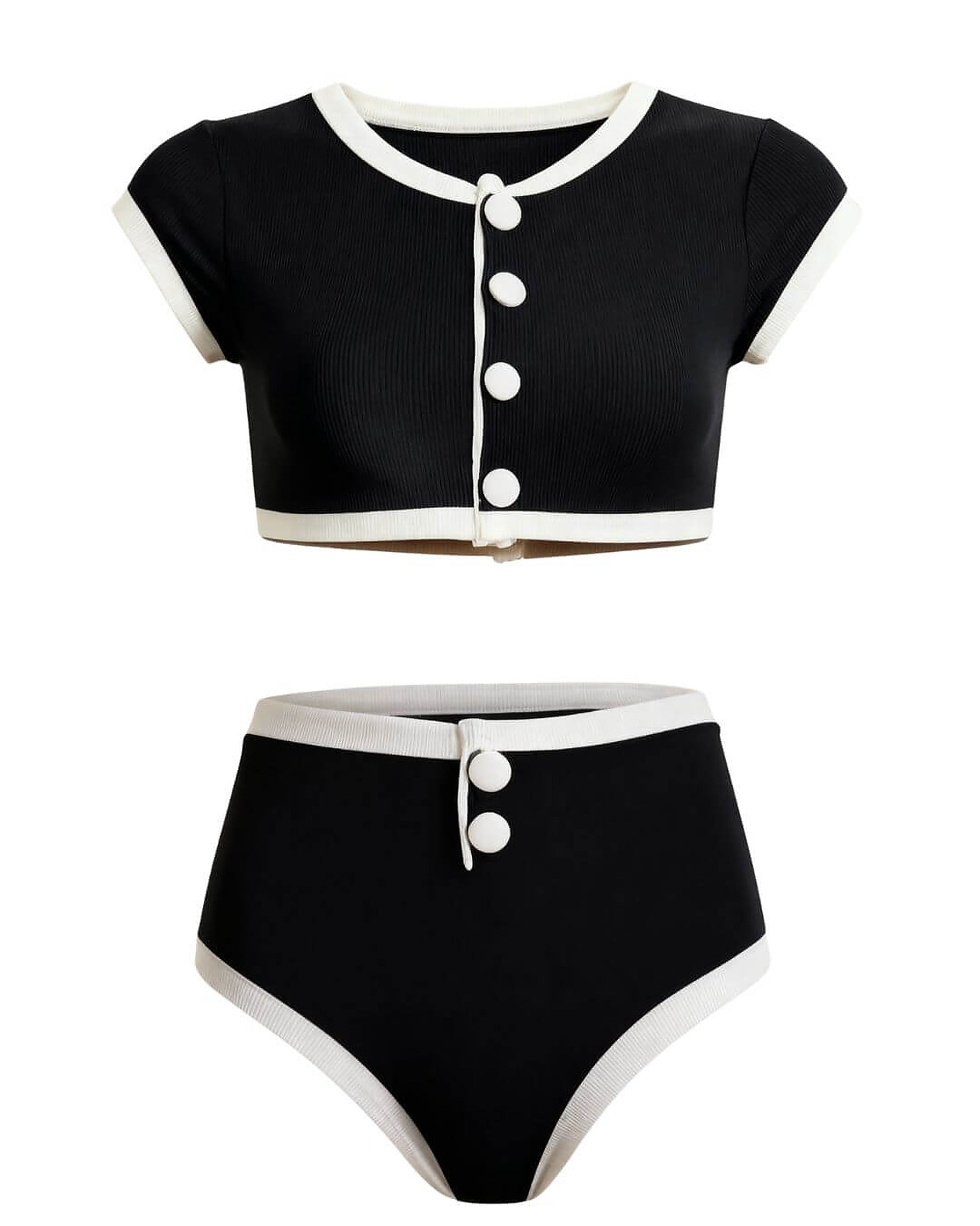 Black and cream ribbed bikini with button-front crop top and high-waisted briefs, Elena Mare design