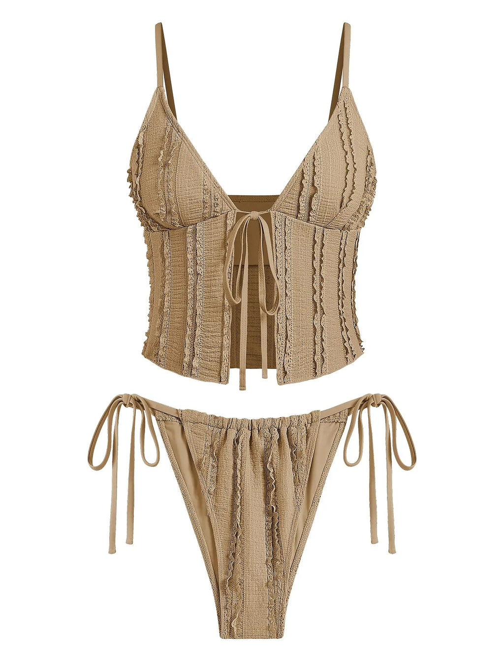 Beige textured bikini with ruffled trim, tie-front top, and side-tie bottom in Scandinavian swimwear style.